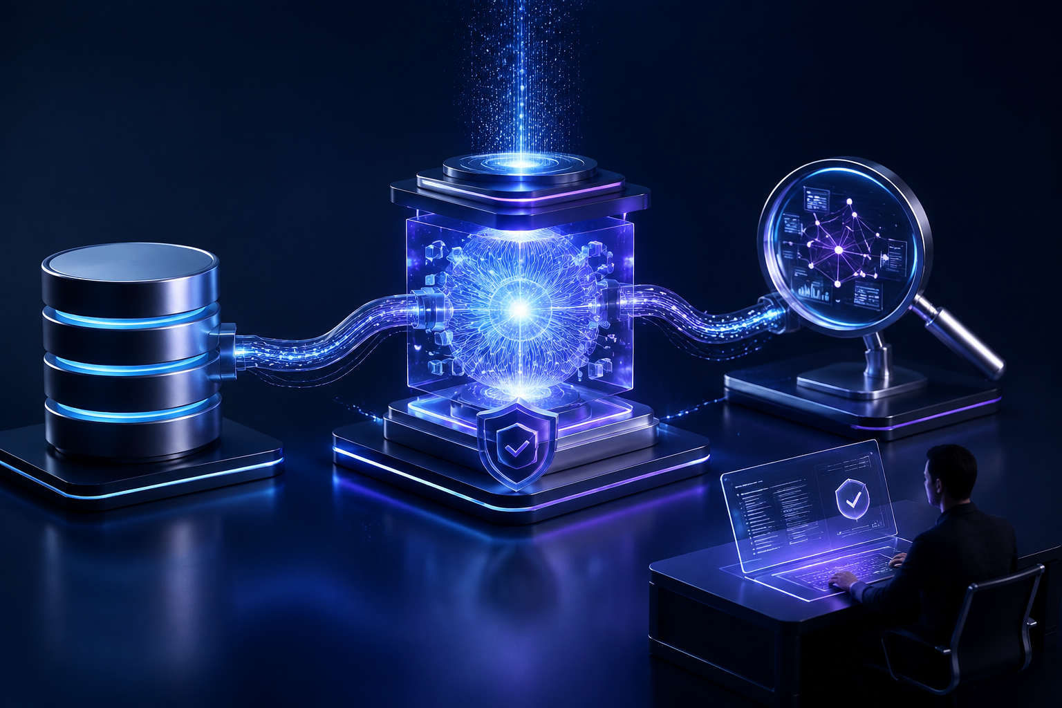 Concept illustration of an AI intelligence core connected to governed data, analytical tools, and a human review workstation