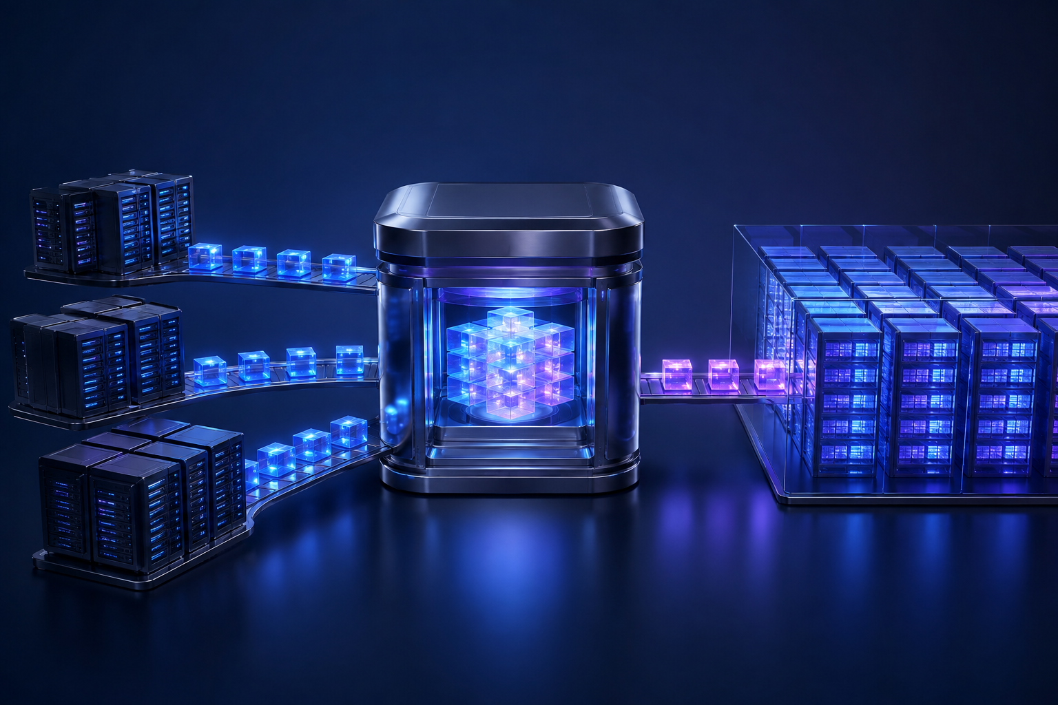 Concept illustration of organized data batches moving through a processing platform into a warehouse
