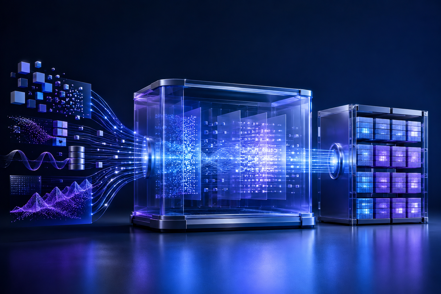 Concept illustration of raw data passing through a transformation chamber into an organized enterprise warehouse