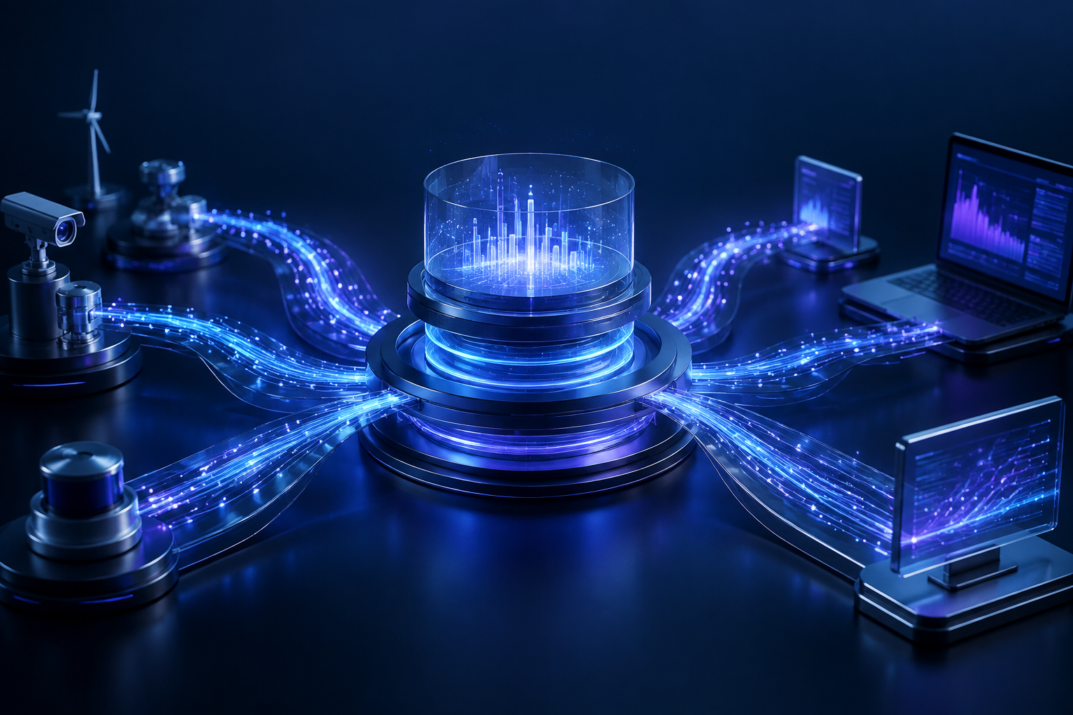 Concept illustration of continuous event streams connecting sensor and application nodes to an analytics hub